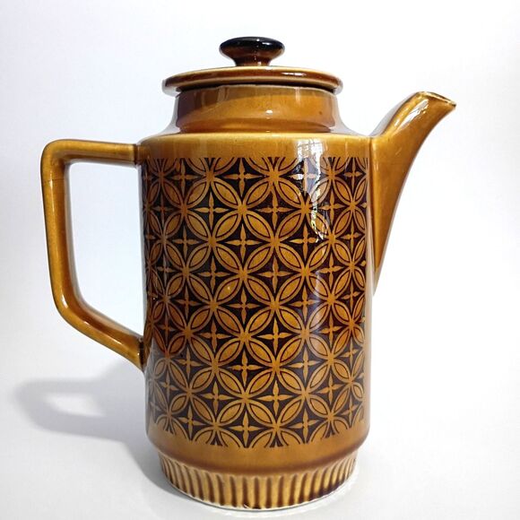 Vintage Brown Geometric Ceramic Coffee Pot / Teapot Made in Japan Lidded Pitcher - Picture 1 of 6
